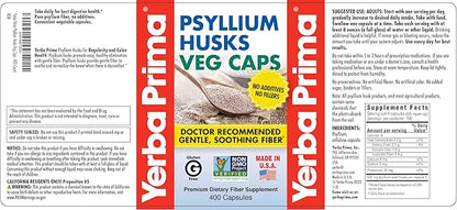 Yerba Prima Psyllium Husks Veg Caps, 400 Capsules (625mg) - Vegan, Non-GMO, Gluten Free, Colon Cleanser, Daily Fiber Supplement for Gut Health & Regularity