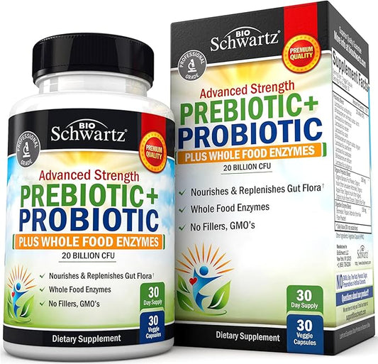 BioSchwartz Prebiotics and Probiotics for Men & Women, Gut Health with Lactobacillus Reuteri, Inulin Prebiotic Fiber, Digestive Enzymes, Non-GMO, Gluten-Free, Dairy-Free, Shelf-Stable, 30 CT