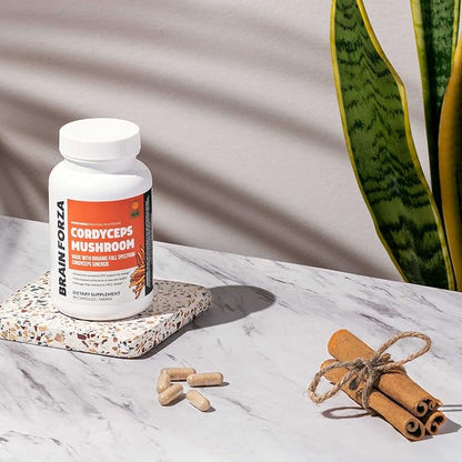 Brain Forza Organic Cordyceps Capsules - Cordyceps Sinensis Mushroom Low-Oxygen Grown in The USA, Non-GMO, Vegan, Organic, 90 Capsules