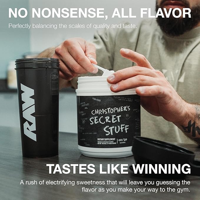 RAW Christopher's Secret Stuff Pre Workout Powder, Thavage (Tastes Like Winning) - Chris Bumstead CBUM Preworkout Supplement for Men & Women - Working Out, Hydration & Energy - 40 Servings