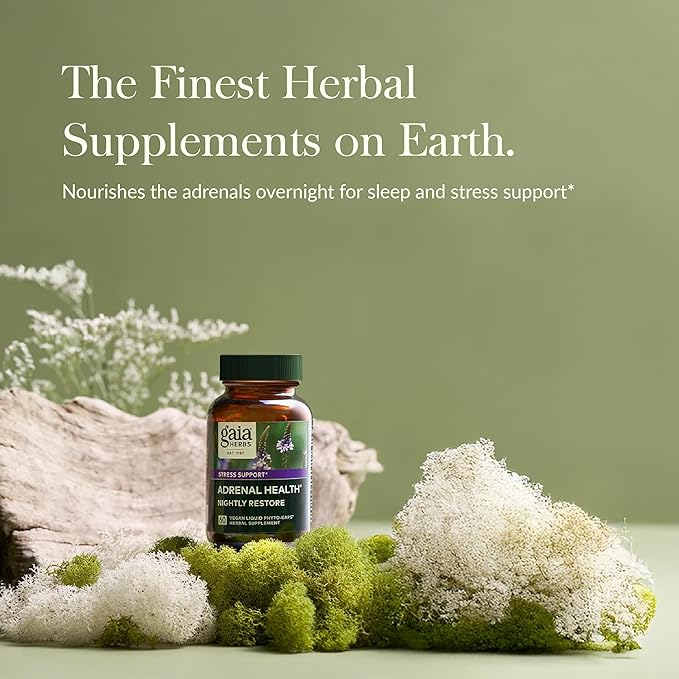 Gaia Herbs Adrenal Health Nightly Restore - Herbal Supplement with Ashwagandha, Magnolia Bark, Cordyceps, Lemon Balm, and More - 60 Vegan Liquid Phyto-Capsules (30 Servings)