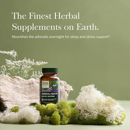 Gaia Herbs Adrenal Health Nightly Restore - Herbal Supplement with Ashwagandha, Magnolia Bark, Cordyceps, Lemon Balm, and More - 60 Vegan Liquid Phyto-Capsules (30 Servings)