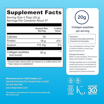 Vital Proteins Collagen Peptides Powder - Grass Fed Collagen Peptides for Hair, Nail, Skin, Bone & Joint Health, Unflavored, 27 Servings