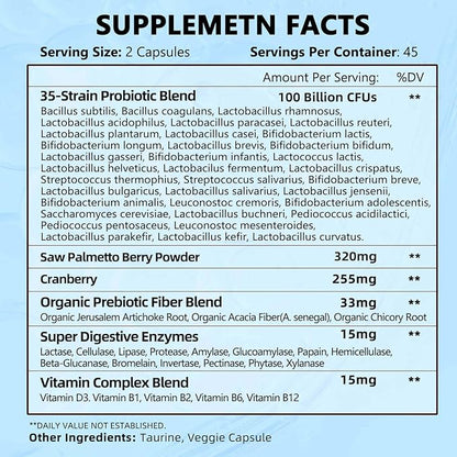 ZEBORA Probiotics for Men 100 Billion CFU - Probiotics for Digestive Health, Men's Probiotic Supplement, Prebiotics & Enzymes, for Prostate Health with Saw Palmetto | 90 Veg Capsules