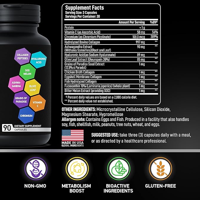 Thermogenic Multi Collagen Burn Capsules - Advanced Type I, II, III, V, X Hydrolyzed Collagen Peptides Plus Hyaluronic Acid - Metabolism, Cellulite, Skin, Hair, Nails Support - 90 Collagenic Burn Caps