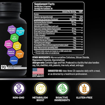 Thermogenic Multi Collagen Burn Capsules - Advanced Type I, II, III, V, X Hydrolyzed Collagen Peptides Plus Hyaluronic Acid - Metabolism, Cellulite, Skin, Hair, Nails Support - 90 Collagenic Burn Caps