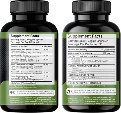 Gade Nutrition Ashwagandha with Maca Root, Horny Goat Weed, Turkesterone, Tribulus Terrestris, Panax Ginseng + Nitric Oxide Booster - Bundle for Energy, Vitality, Performance, Pump