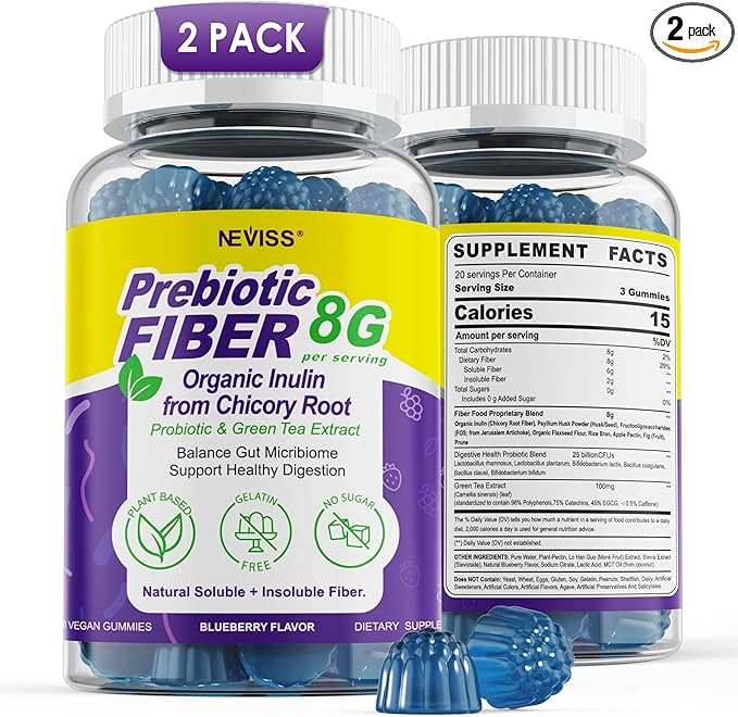 Fiber Gummies for Adults 8g (Inulin, Psyllium Husk, FOS More) with Probiotics, Green Tea Extract, Sugar Free Plant Based Fiber Supplement Blend for Digestive Health, Regularity, Non-GMO, Vegan, 120Cts