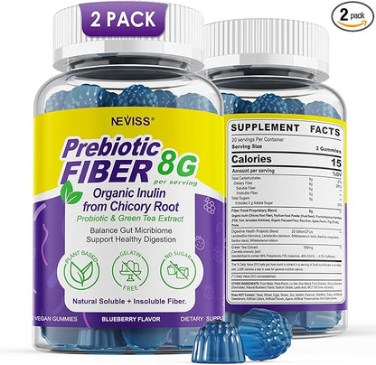 Fiber Gummies for Adults 8g (Inulin, Psyllium Husk, FOS More) with Probiotics, Green Tea Extract, Sugar Free Plant Based Fiber Supplement Blend for Digestive Health, Regularity, Non-GMO, Vegan, 120Cts