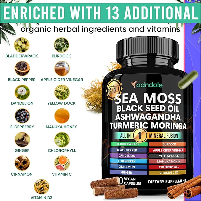 Sea Moss Black Seed Oil Ashwagandha Ginger Capsules. Sea Moss Capsules with Black Seed Oil, Ashwagandha, Turmeric, Moringa, Bladderwrack, Burdock Root, Manuka Honey, Cinnamon. 180 Count