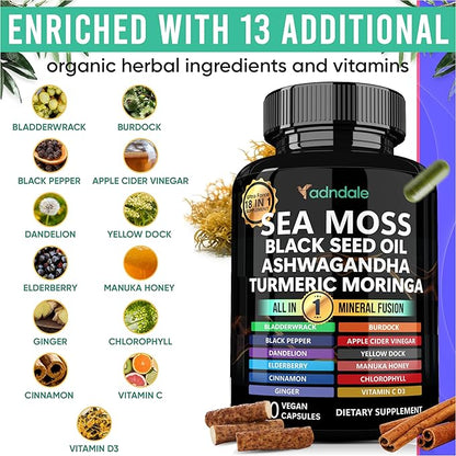 Sea Moss Black Seed Oil Ashwagandha Ginger Capsules. Sea Moss Capsules with Black Seed Oil, Ashwagandha, Turmeric, Moringa, Bladderwrack, Burdock Root, Manuka Honey, Cinnamon. 180 Count