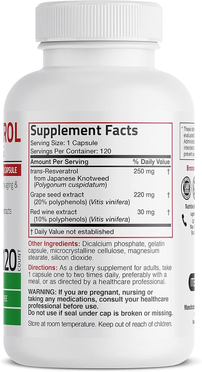 Bronson Resveratrol 500 Complex Standardized Trans-Resveratrol + Grape Seed & Red Wine Extract, 120 Capsules