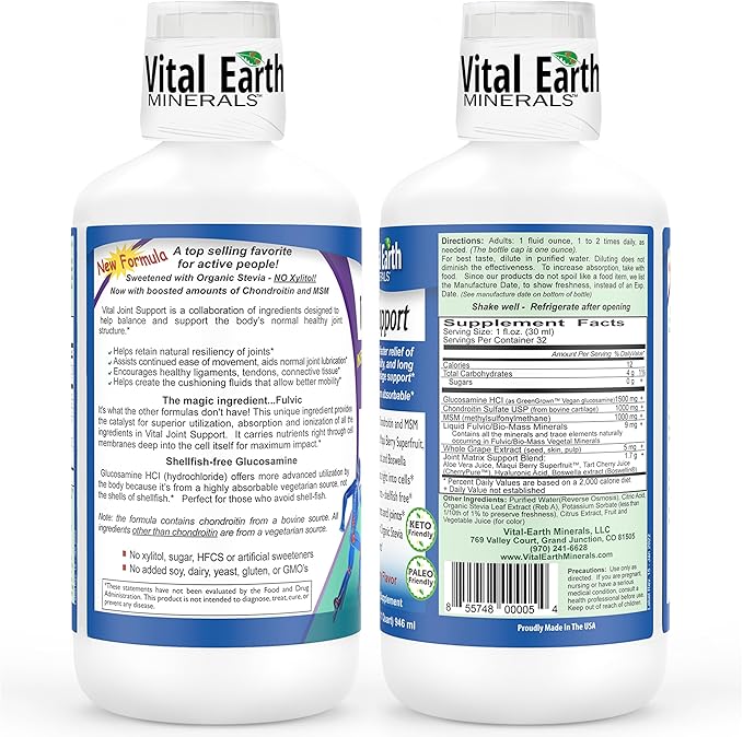 Vital Earth Liquid Joint Support Supplement 2-Pack – Glucosamine, Chondroitin, MSM Plus Hyaluronic Acid, Boswellia & Fulvic Acid (70+ Trace Minerals), 32 Oz Ea