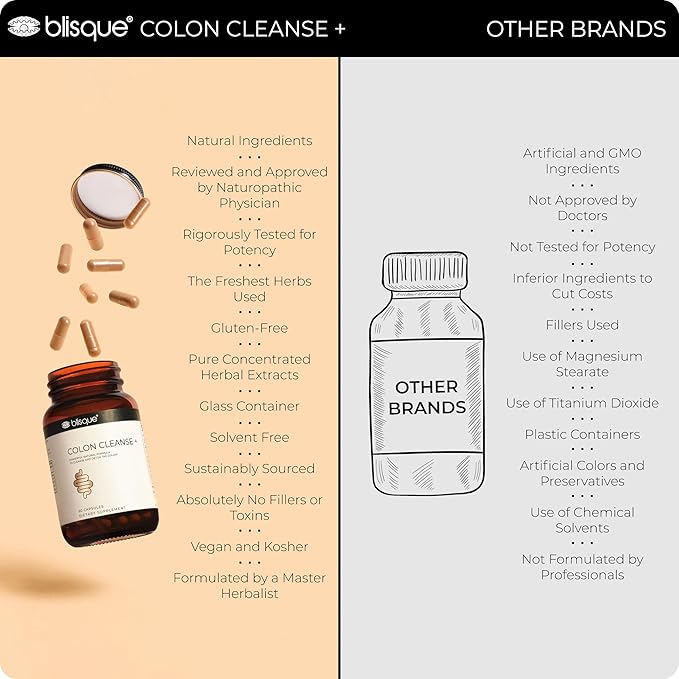 Blisque - Natural Colon Cleanse Supplement for Detox, Constipation Relief, Stool Softener, and Digestive Health | with Aged Cascara Sagrada Bark | 90 Capsules | Vegan and Non-GMO