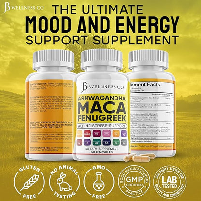 Ashwagandha Maca Root Fenugreek Supplement with Tongkat Ali Ginseng - Assists with Mood & Thyroid Health - Made in USA - 120 Count