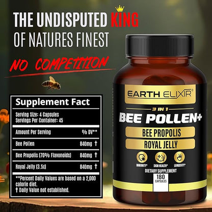 3-in-1 Organic Bee Pollen Capsule – Non-GMO, Pure Raw Bee Pollen, Royal Jelly, Propolis Extract for Women & Men – Natural Energy, Immune & Vitality Support – 180 Propolis Capsules
