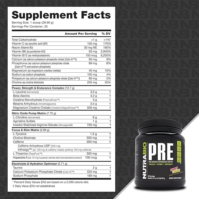 NutraBio PRE Workout Powder - Old Formula- Sustained Energy, Mental Focus, Endurance - Beta Alanine, Creatine, Caffeine, Electrolytes - 20 Servings - Cherry Limeade