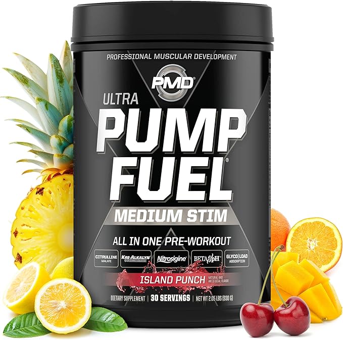 PMD Sports Ultra Pump Fuel - Pre Workout Drink Mix - Energy, Strength, Endurance, Recovery - Complex Carbohydrates and Amino Energy - Island Punch (30 Servings)