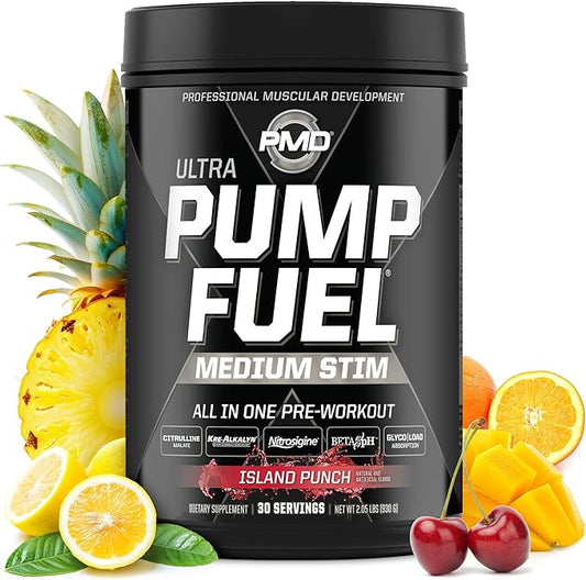 PMD Sports Ultra Pump Fuel - Pre Workout Drink Mix - Energy, Strength, Endurance, Recovery - Complex Carbohydrates and Amino Energy - Island Punch (30 Servings)