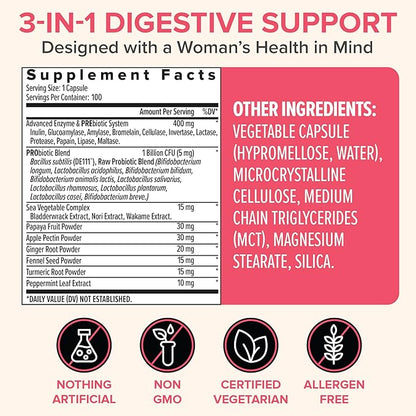 Zenwise Health Probiotics for Women - Digestive Enzymes for Bloating Relief, Vaginal Health, and Gut Flora Health, Daily Women Probiotic & Prebiotic Supplement for Digestive Health - 100 CT