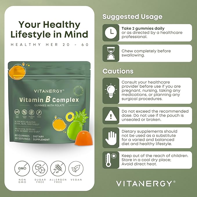 Vitamin B Complex Gummies for Women - 7 Essential Vitamins and Iron, Energy, Immune, Prenatal Support, Portable Pouch, Tropical Flavor, Made in USA, 60 Count