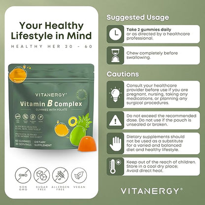 Vitamin B Complex Gummies for Women - 7 Essential Vitamins and Iron, Energy, Immune, Prenatal Support, Portable Pouch, Tropical Flavor, Made in USA, 60 Count