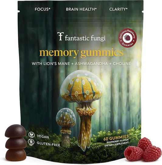 Memory Gummies with Lion’s Mane, Ashwagandha & Choline, Mushroom Gummies, Brain Supplements for Memory and Focus– Vegan, Gluten-Free, Sweet and Sour Flavor | 60 Gummies, 1 Month Supply