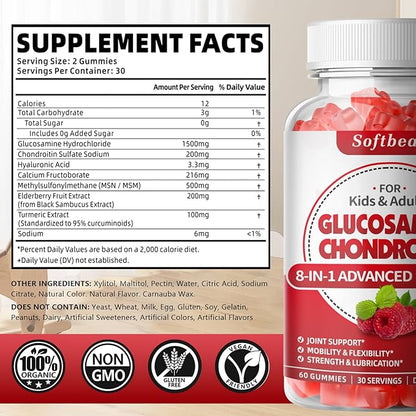 softbear Glucosamine Chondroitin Gummies Sugar Free, Extra Strength Glucosamine Chondroitin Supplement for Natural Joint Support, Raspberry Flavored 120 Count