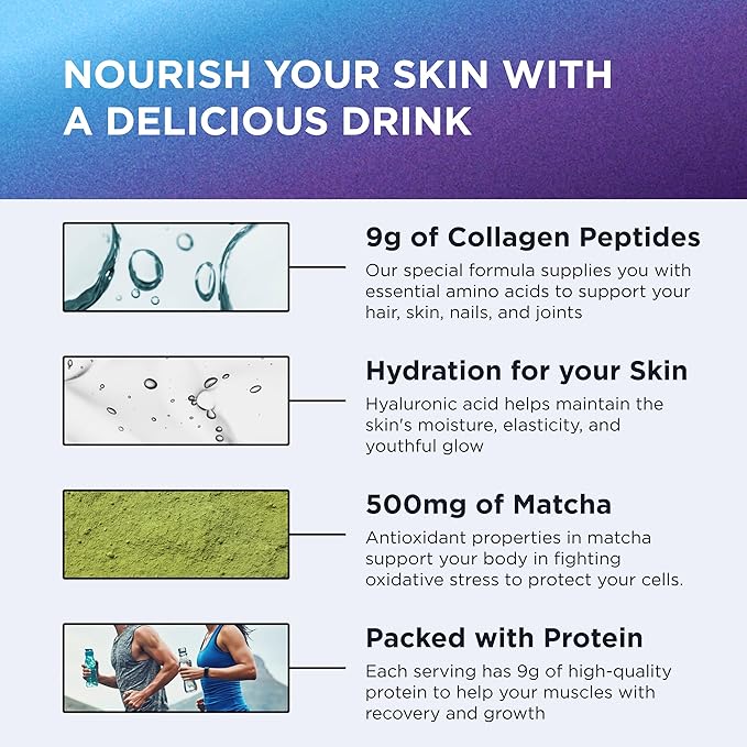 Collagen Peptides Powder - Matcha Green Tea Collagen Powder for Women - Collagen Supplements for Hair, Skin & Nails with Hyaluronic Acid - 9g Protein per Serving