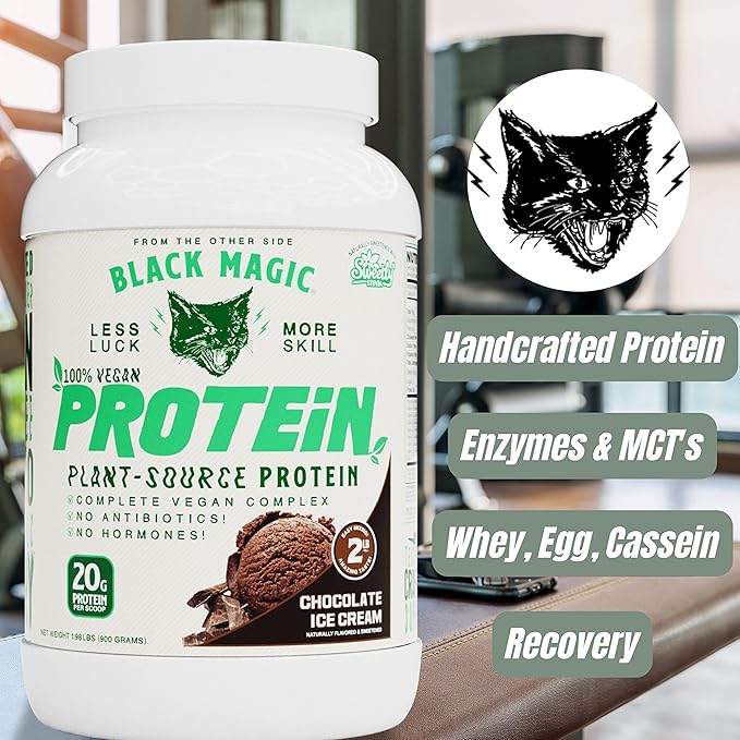 Worldwide Nutrition Bundle:Black Magic Multi-Source Protein Whey, Egg & Casein Complex with Enzymes & MCT Powder Pre Workout & Post Workout Vegan Choco Ice Cream 24g Protein 2LB & Key Chain