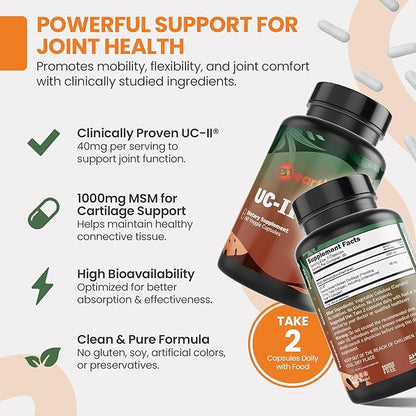 UC-II & MSM Supplement for Bone Health and Joint Flexibility - Supports Joint Repair Mobility & Comfort - 40mg UC-II Providing 10mg Total Collagen & 1000mg MSM - 60 Capsules (2 Caps Daily)