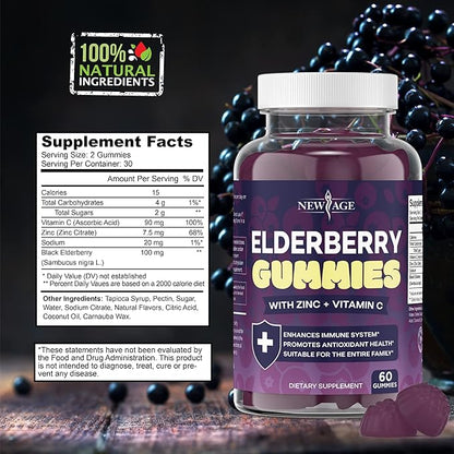 NEW AGE (2-Pack) Premium Elderberry Gummies for Adults Kids with Vitamin C, Zinc, Propolis - Sambucus Black Elderberry Gummy Extract - Gluten Free & Vegetarian - 120 Gummies