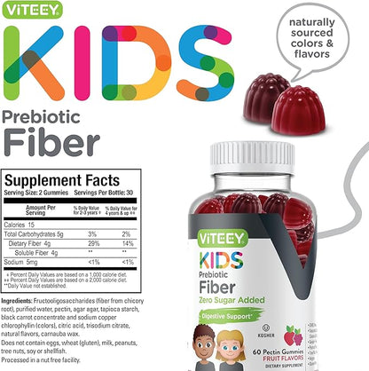 Viteey Prebiotic Kids Fiber for Constipation Relief, Digestive Health Regularity Support, Natural Weight Support - Fiber 4g, Zero Sugar Added, Vegan, Gluten Free - Tasty Chewable Fruit Flavored Gummy