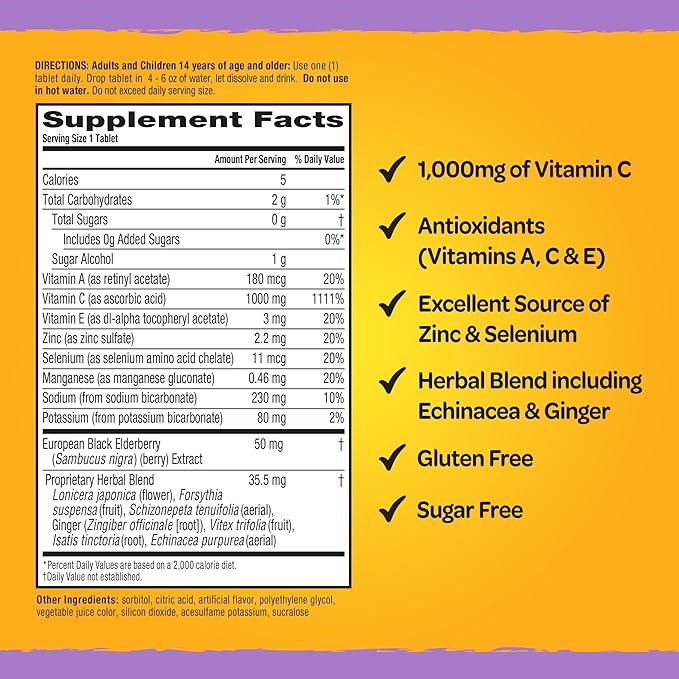 Airborne Elderberry Extract + Vitamin C 1000mg (per Serving) - Effervescent Tablets (20 Count in a Box), Gluten-Free Immune Support Supplement, with Vitamins A C E, Zinc, Selenium, Sugar Free