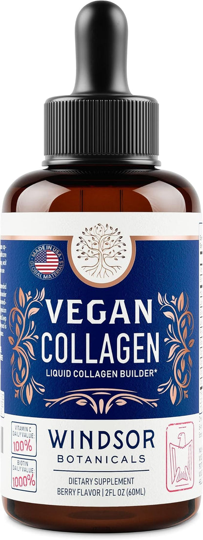 WINDSOR BOTANICALS Vegan Collagen Builder Liquid Supplement - Collagen Booster with Vitamin C, Biotin, Hyaluronic Acid & Amino Acids - Organic Fruit & Vegetable Blend - 60ml, 30 Day