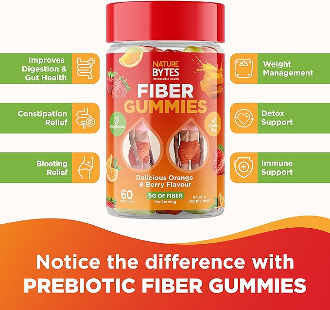 Prebiotic Fiber Gummies for Adults and Kids [15g Inulin Fiber from Chicory Root] for Digestive Health, Bloating, Constipation Relief │Natural Flavoured Berry & Orange Gummy Supplement
