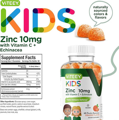 Zinc for Kids Gummies 10mg, with Vitamin C & Echinacea - Immune Support, Powerful Natural Antioxidant, Kids Zinc Vitamin Supplement - Vegan, Gelatin Free - Tasty Chewable Orange Flavor Gummy