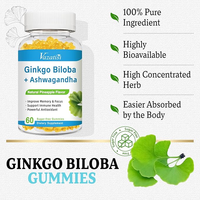 240MG Ginkgo Biloba Gummies | 120 Gummies | Improve Mood and Focus, Brain Health| Pineapple Flavor | Vegan, Non-GMO, Gluten Free Supplement