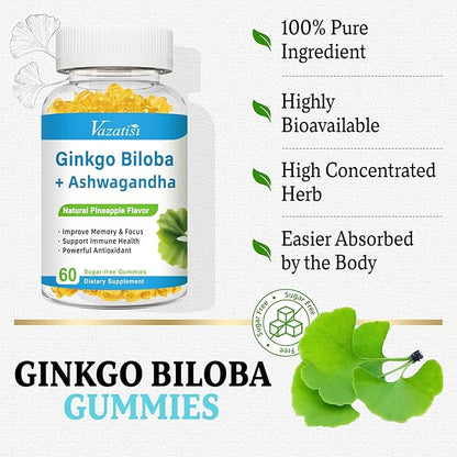 240MG Ginkgo Biloba Gummies | 120 Gummies | Improve Mood and Focus, Brain Health| Pineapple Flavor | Vegan, Non-GMO, Gluten Free Supplement