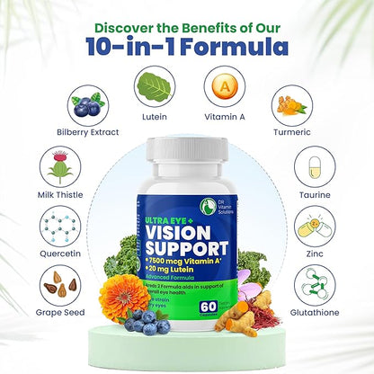 DR VITAMIN SOLUTIONS Vision Support Eye Vitamins for Macular Health | Supplements with Lutein, Zinc, Vitamin A & Bilberry | Areds 2 Formula for Red & Dry Eyes, Sight Care (1 Bottle, 60 Capsules)