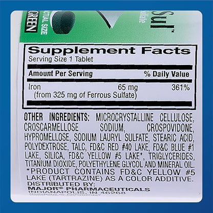 Major Ferosul - Ferrous Sulfate 325mg Tablets with 65mg of Elemental Iron - Iron Supplement for Women, Men - Green - 100 Count