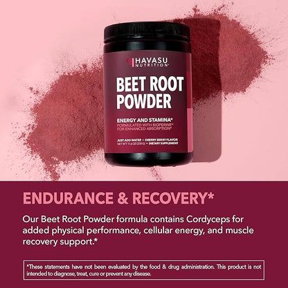 Organic Beet Root Powder with Vitamin B12 & Coryceps - Nitric Oxide Supplement - Beetroot Powder for Energy & Post Workout Recovery - Mix with Water or Smoothies, Cherry Berry Flavor - 30 Servings