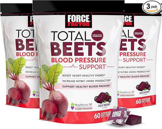 FORCE FACTOR Total Beets Blood Pressure Support Supplement, Beets Supplements with Beets Powder, Great-Tasting Beets Chewables for Heart-Healthy Energy, and Increased Nitric Oxide, 180 Chews, 3-Pack