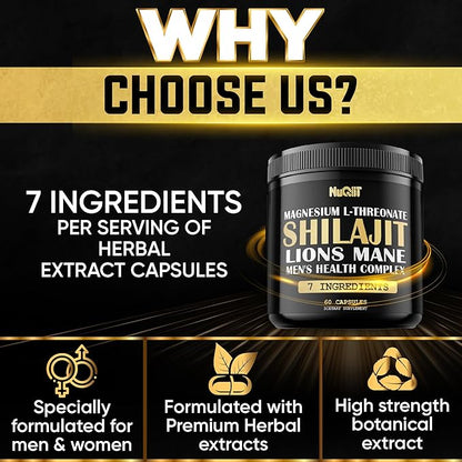 Shilajit Pure Himalayan Organic with Magnesium, Lions Mane, and Men Health Complex as Ashwagandha, Maca Root & More - Support Immunity, Brain Health & Positive Mood - 60 Capsules