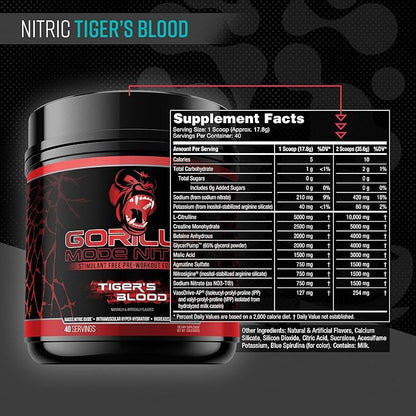 Gorilla Mode Nitric Upgraded Stimulant Free Pre-Workout – Best Tasting and Most Effective Stimulant Free Pre-Workout/Massive Pumps · Vasodilation · Power / 784 Grams (Tigers Blood)