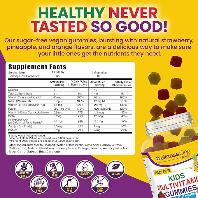 WellnessOne Kids Multivitamin Gummies - Sugar-Free Immune Support Supplement Packed with Vitamin C, B6, B12, Folic Acid & More - Natural Strawberry, Pineapple & Orange Flavors - 60 Gummy Vitamins