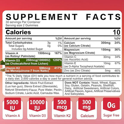 Vitamin D3 10000 IU + K2 (MK7) 500mcg + A 5000IU Gummies w/ Magnesium Calcium for Women & Men, Vegan K2 D3 Vitamin Supplement (Made in USA) for Stronger Bone, Muscle, Vision, Immune, Sugar Free 2Packs