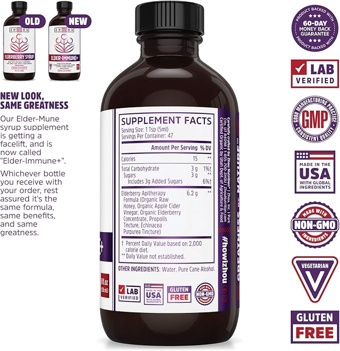 Zhou Nutrition Elder-Mune+ Syrup - Organic Black Elderbery Syrup for Adults, Immune Support Elixir with Apple Cider Vinegar, Echinacea Tincture, Natural Wellness - 8 Fl Oz Glass Bottle