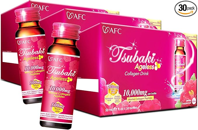 AFC Japan Tsubaki Ageless Beauty Collagen Drink from Japan with 10,000mg Marine Collagen Peptides + 500mg Royal Jelly + Hyaluronic Acid + Vitamin Bs & C for Skin Revitalization 1.69fl.ozx10sx3