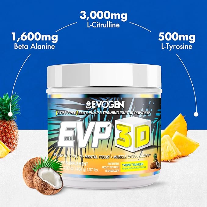 Evogen EVP 3D - Stim Free Pre Workout Powder for Men & Women | Sugar Free Non Stim Preworkout with Beta Alanine and Creatine for Energy & Pump | Tropic Thunder | 40 Servings